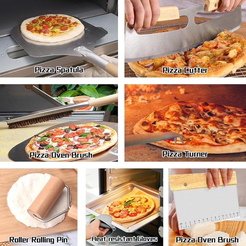 BLISSWAVE The 7-piece pizza oven accessory set is perfect for making pizza. Comprises a pizza shovel, an oven brush, a bubble Popper deformer, a rocking knife, a silica gel clamp, a dough roller and a scraper. - Image 2